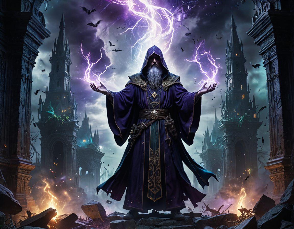 A mystical rebel wizard casting a powerful, glowing spell amidst an anarchic, dystopian realm. Enchanted creatures and floating, shattered ruins in the background, with sparks of magical energy illuminating the chaos. Dark, moody atmosphere with a touch of ethereal light. fantasy art. vibrant colors. highly detailed.