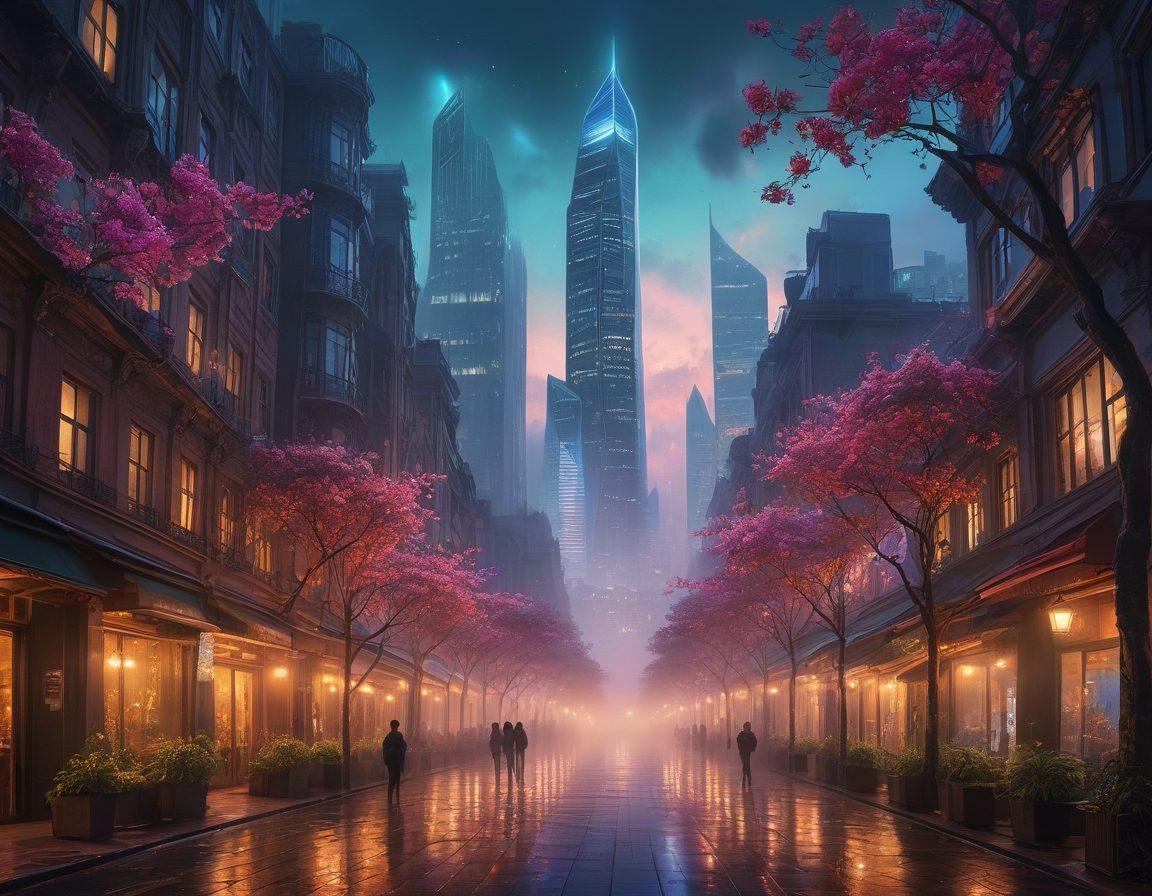 A mesmerizing scene of an opulent city wrapped in an enchanting fog, where strikingly beautiful elements of nature and urban life intermingle in a rhythmic chaos. Intricate vines with shimmering flowers creep over modern skyscrapers, and elegant, otherworldly creatures dance in the moonlit streets while humans look on in awe. An aura of mystery and rebellion fills the air, suggesting a hidden spell. super-realistic. vibrant colors. ethereal lighting.