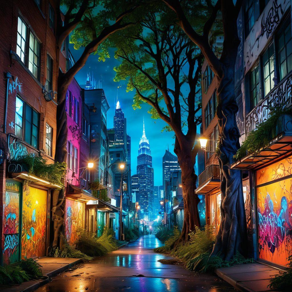 A surreal landscape where a mystical forest meets an urban cityscape, trees embracing skyscrapers with vines glowing in ethereal light, while graffiti artists spray enchanted patterns onto the walls. Rebellious fairies flutter around, leaving trails of sparkling magic. The scene is alive with a sense of beautiful chaos. vibrant colors. super-realistic.